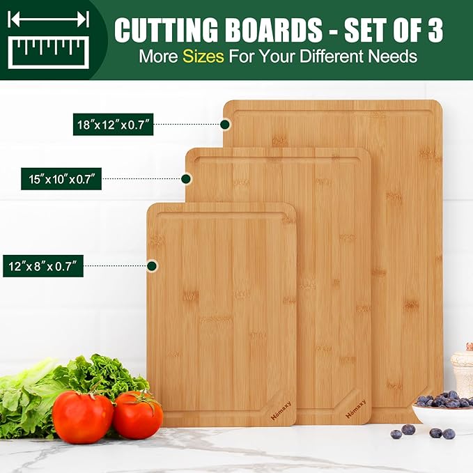 Homaxy Organic Bamboo Cutting Boards Set for Kitchen Set of 3, Wooden Cutting Board Set with Juice Groove and Handles, Charcuterie Serving Tray Wood Chopping Board Set for Meat Fruits & Vegetables