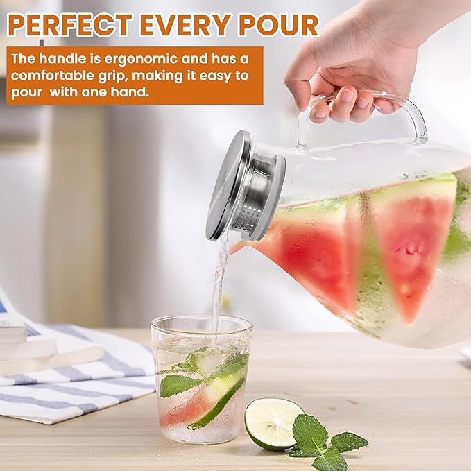SUSTEAS 3 Litre 101oz Glass Pitcher Jar with Lid and Nozzle, 3.17Quart Cold/Hot Water Glass Water Bottle, Ice Tea for Refrigerator, Large Water Jar for Juice, Milk, Coffee or Homemade Drinks