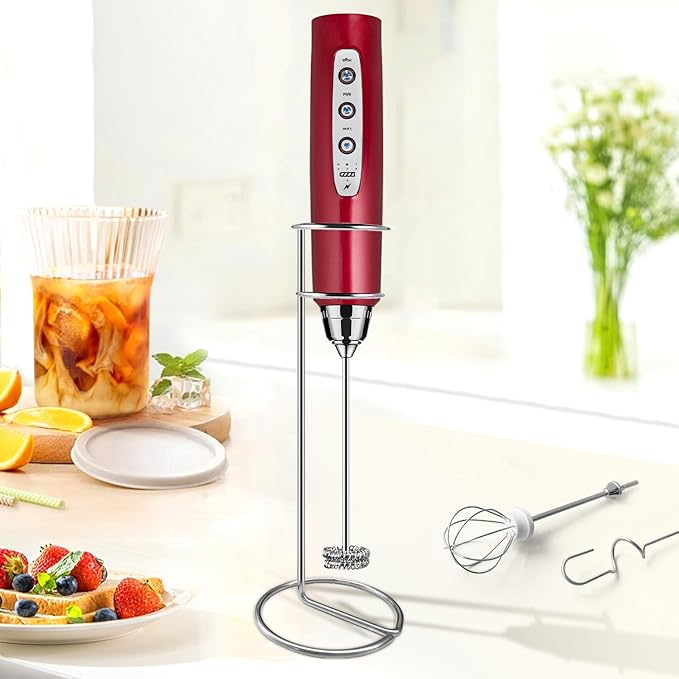Milk Frother with Stand Rechargeable-Handheld Frother Wand with 3 Stainless Whisks 3 Speed Adjustable, Electric Whisk Drink Mixer, Foam Maker Blender for Matcha Latte Cappuccino Chocolate