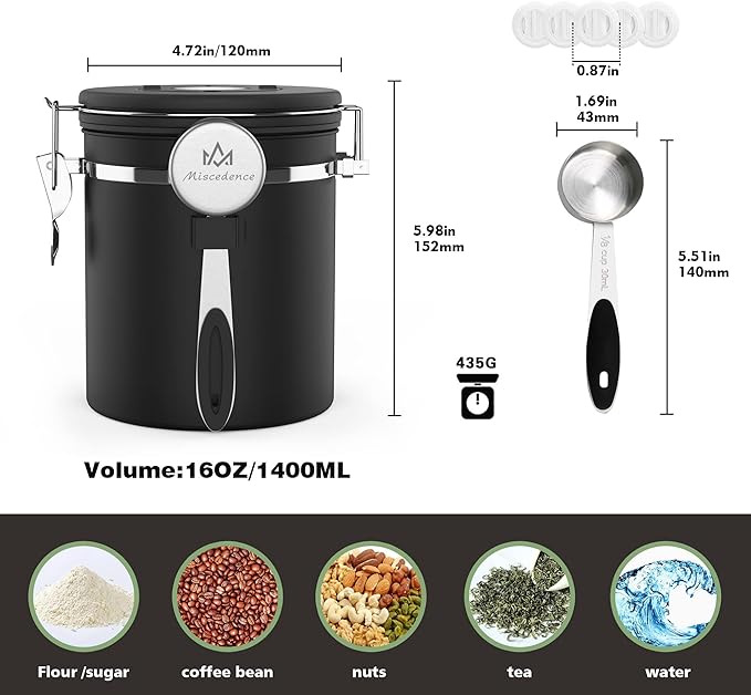Coffee canister for ground coffee with Scoop Date Tracker One Way Co2 Valve 304 Stainless Steel Kitchen Food Airtight storage container for Coffee Beans,Grounds,Tea,Sugar (Black, 16oz)