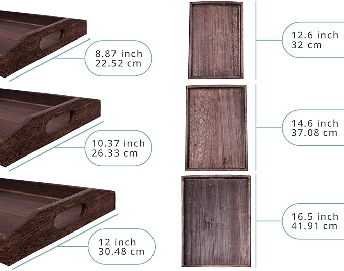 Serving Trays Set of 3 - Ottoman Wood Trays for Entertainment, Food and Décor - Rustic Farmhouse Distressed Finish - Stained Wood Brown