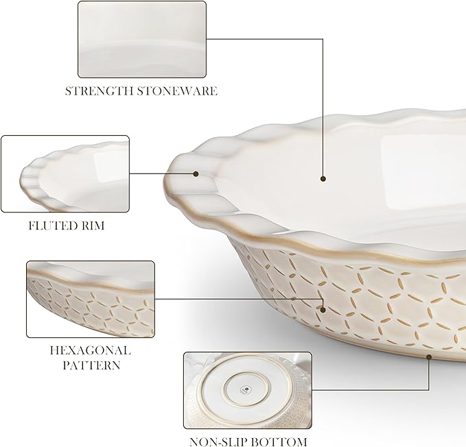 MALACASA Pie Dish for Baking, Stoneware Pie Pan 9 Inch, Embossed Deep Dish Pie Pans, 45 OZ Round Baking Dish Pie Pan, Fluted Dish Pie Plate for Apple Pie, Quiche and Tart, Set of 1, Series LYDIA