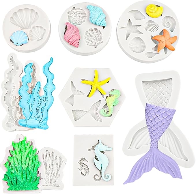 Ocean Chocolate Fondant Mold Set Food-Grade Silicone Baking Molds with Shell, Starfish, Seashell Beach Life Phrases, Reusable for Under the Sea Cakes, Cupcakes & Party Treats - 8 Pack