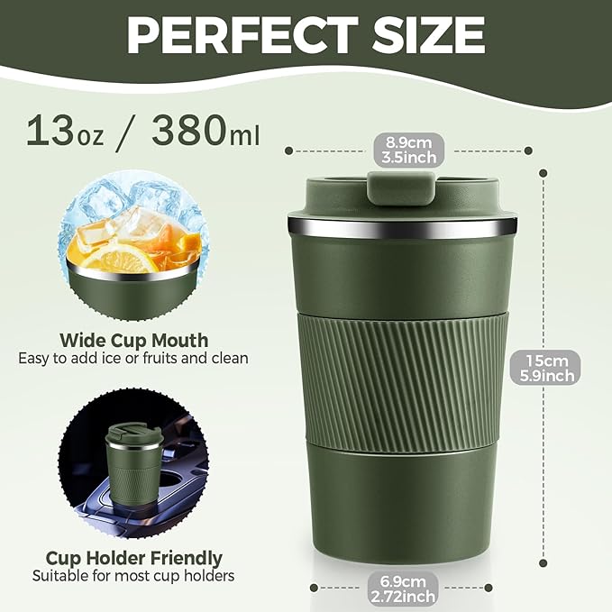 Volhoply 13 oz Stainless Steel Insulated Travel Coffee Mug with Fip Lid Bulk 8 Pack,Reusable Double Wall Vacuum Metal Coffee Cup,Portable Leak Proof Thermal Tumbler for Hot & Cold Drinks(Army Green,8)