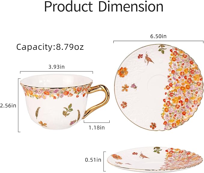 KAMMAK Tea Cups and Saucers Set of 2, Reinforced Porcelain Coffee Cups, 8.5-Ounce Stackable Espresso Mugs, Ceramic Demitasse for Coffee, Cappuccino, Latte, Americano, Tea, Secret Flourish
