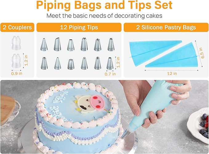 Kootek 22pcs Cake Decorating Supplies Kit, Baking Tools with 12" Aluminium Cake Turntable Rotating Cake Stand, Piping Bags and Tips Set, Icing Spatula, Cake Leveler, 3 Icing Scrapers for Mother's Day