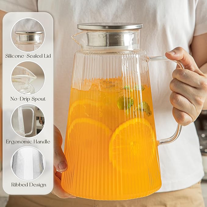 [2 Pack] Ribbed Glass Pitcher Set – 71oz Heat-Resistant Beverage Jugs with Lid for Water, Iced Tea, Juice, Coffee – Large Borosilicate Carafes for Hot & Cold Drinks, Elegant Serving Pitchers