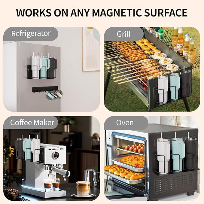 Strong Magnetic Cup Holder for Fridge, Fits Stanley 40/30/20 oz, Yeti & More, No-Drill Tumbler Organizer with Lid & Straw Storage, Kitchen & RV Space Saver(2-Piece Set)