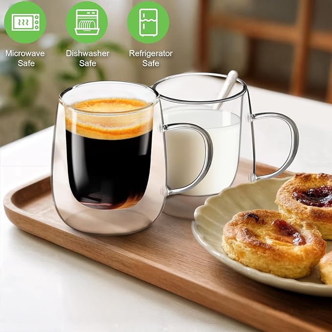 Glass Coffee Cups Set of 4, 13oz Double Walled Glass Mugs with Handles, Clear Insulated Coffee Mug Espresso Cups, Cappuccino Latte Tea Cups Set, Heat Resistant Borosilicate Clear Glasses