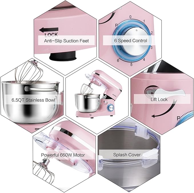 Aucma Stand Mixer,6.5-QT 660W 6-Speed Tilt-Head Food Mixer, Kitchen Electric Mixer with Dough Hook, Wire Whip & Beater (6.5QT, Pink)