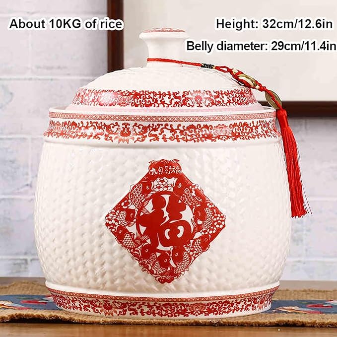 Chinese Sealed Large-Capacity Rice Pot, Ceramic Rice Bucket With Tassel Design, Grain Storage Ceramic Container, Rice Dispenser Airtight Storage Bucket For Grains Snacks Candy Coffee Beans Food(C,Capa