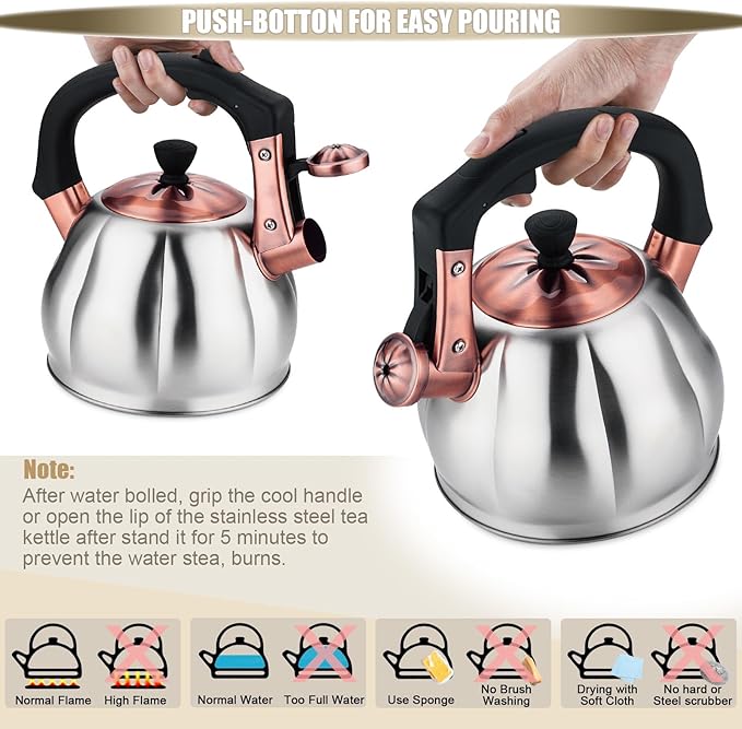 Stainless Steel Tea Kettle for Stove Top Teakettles Stovetop Whistling with Heat Proof Ergonomic Handle 2.5 Quart