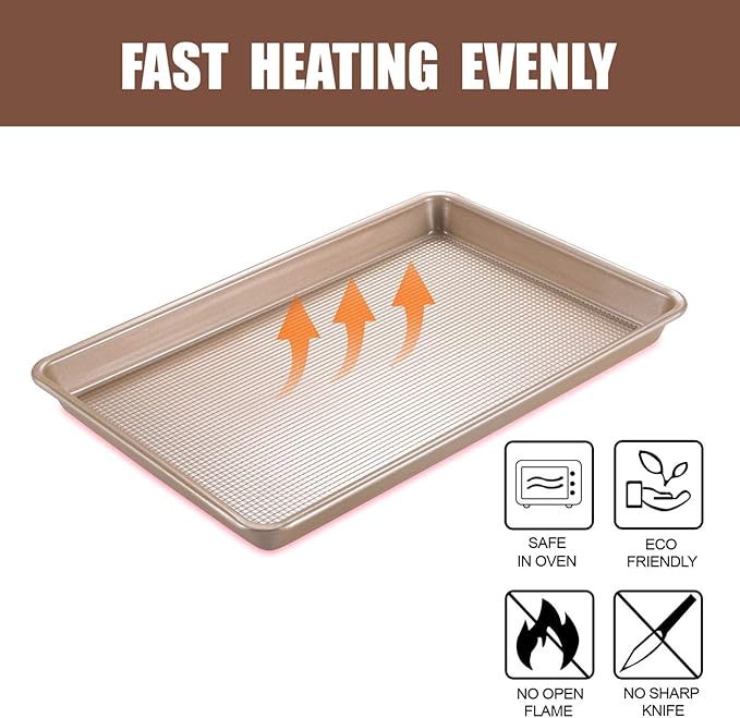 2 Pack Jelly Roll Pan 15x10 Inch, Diamond Texture Nonstick Cookie Sheet, 0.8mm Thick Heavy Duty Steel Baking Tray, Commercial Gold Baking Pans