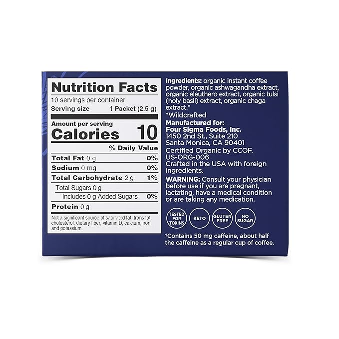 Calm Organic Instant Coffee by Four Sigmatic | Medium Roast Instant Coffee with Organic Reishi and Chaga Mushrooms | Immune Support & Stress Relief | 10 Packets