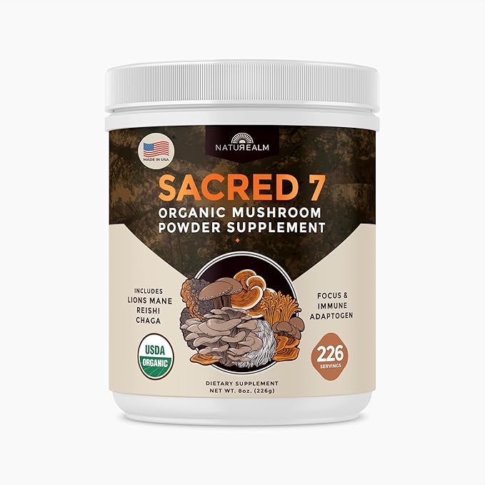 Sacred 7 Mushroom Coffee Booster | Organic Mushroom Supplement Powder – Lions Mane, Reishi, Chaga & More | Adaptogen + Nootropic | 100% Fruiting Bodies | Mix with Coffee,Tea, Smoothies - 226 Servings