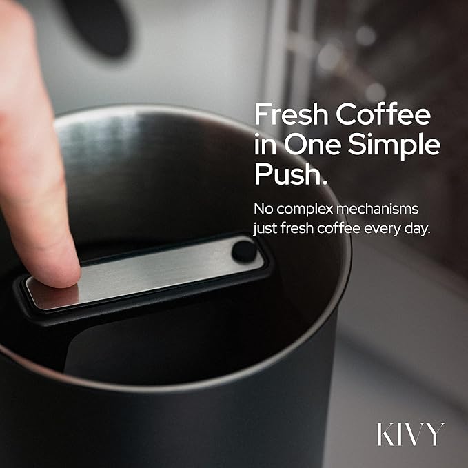 KIVY Vacuum Coffee Canister - Push Lid Preserves Coffee Aroma & Oil - Stainless Steel Airtight Coffee Canister - Container for Ground & Coffee Bean Storage - Removes Excess Air