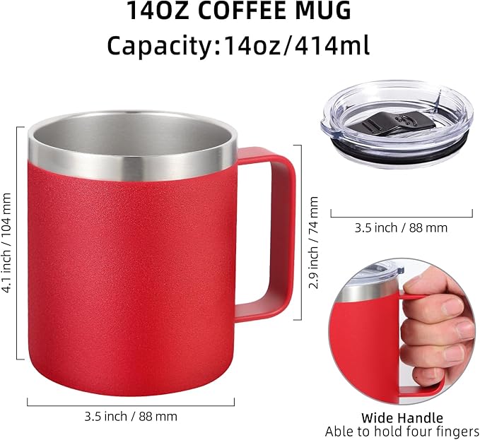 Volhoply 14oz Insulated Stainless Steel Coffee Mug with Lid Bulk 2 Pack,Double Wall Vacuum Travel Coffee Cup with Handle,Reusable Cups Tumbler,Camping Mugs Keep Hot/Cold,Ideal Gifts(Red,2)