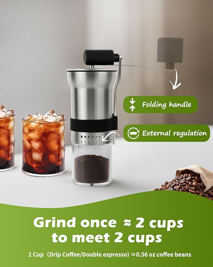Manual Coffee Grinder with Stainless Steel Burr - 1.12oz Capacity Handheld Mill for Espresso, Drip, Cold Brew with 6 Adjustable Settings & Quiet -Extra Fine Grinding (Stainless Steel Burr)
