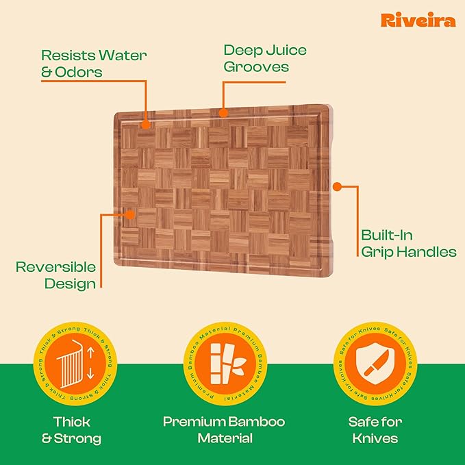Riveira Bamboo End Grain Wood Cutting Board – Gourmet Bamboo Grandeur: 18 x 12 Wooden Cutting Board – Wooden Cutting Boards For Kitchen Decorative – Innovative Juice Grooves