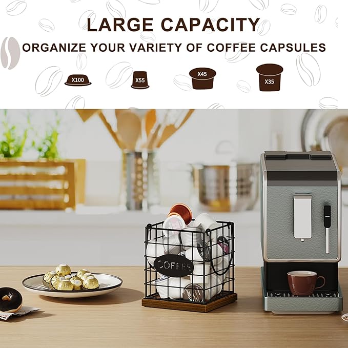 YINMIT K Cup Holder Organizer, Rustic Coffee Pod Holder Organizer, 35 Kcup Holder for Counter with Handle，Large Capacity Black Wire Coffee Capsule Basket for Kitchen Office Desktop (Square Grid)