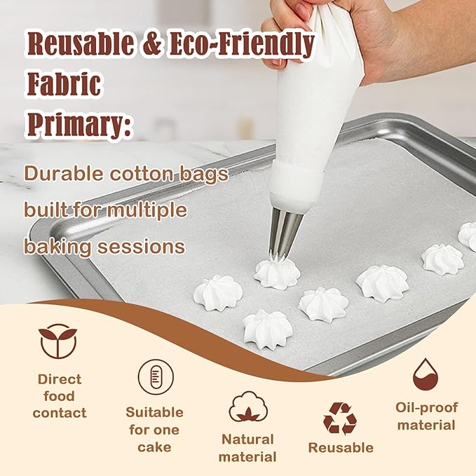 9-Piece Reusable Piping Bags and Tips Set- Cotton Baking Kit with Coupler, Stainless Steel Nozzles & Cleaner for Cakes/Cupcakes/Cookies Decorating