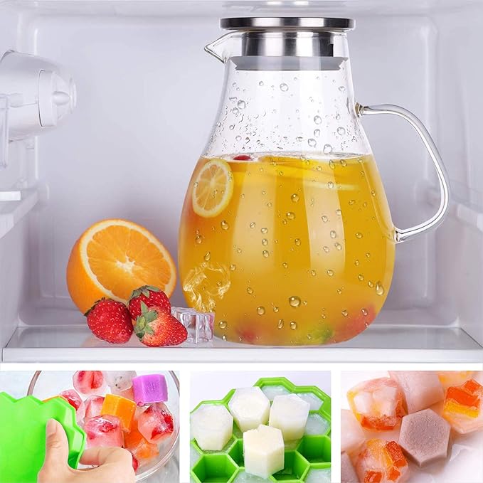 88oz Glass Pitcher with Lid and Handle - High Heat Resistance Glass Water Pitcher for Hot/Cold Water & Iced Tea with Ice Tray (2.6L)