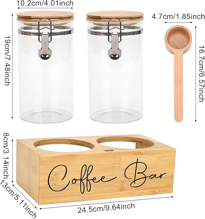 Glass Coffee Canister Set with Bamboo Shelf & Spoon - 2 Airtight Containers (47oz Each) for Coffee Beans, Ground Coffee, Sugar, Flour - Borosilicate Glass & Bamboo Lid with Silicone Seal