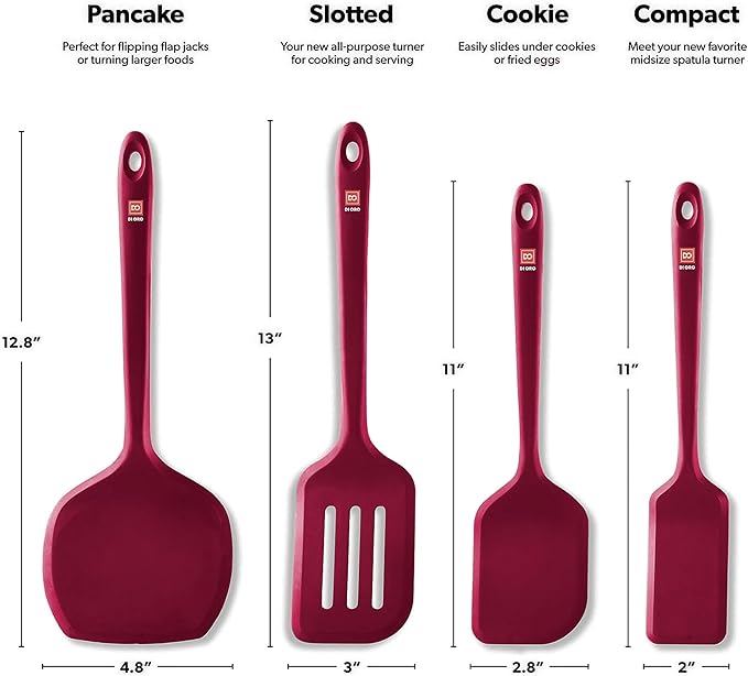 New DI ORO Seamless Series Moda 4-Piece Silicone Turner Spatula Set - 600°F Heat-Resistant Flexible Kitchen Spatulas for Nonstick Cookware - Flippers for Eggs & Pancakes - Utensils for Cooking (Red)