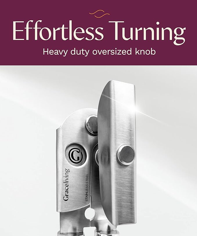 Premium Multifunctional Magnetic Manual Can Opener and Bottle Opener, Heavy Duty Stainless Steel Sharp Cutting Blade and Oversized Easy Turn Knob, Soft-Touch Handle, Kitchen Use, Mauve