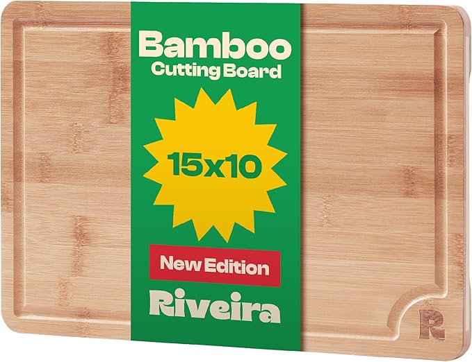 Riveira Brown Bamboo Wood Cutting Board – Gourmet Bamboo Grandeur: 15 x 10 Wooden Cutting Board – Wooden Cutting Boards For Kitchen Decorative – Innovative Juice Grooves Wooden Chopping Board