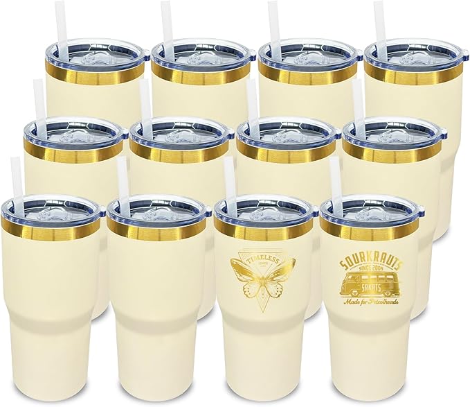 20 oz Tumbler Bulk 12 Pack Stainless Steel Tumblers with Lids and Straws, Double Wall Vacuum Insulated Travel Coffee Mug for Laser Engrave, Powder Coated Cups for Hot and Cold Drinks (Cream,12 pack)