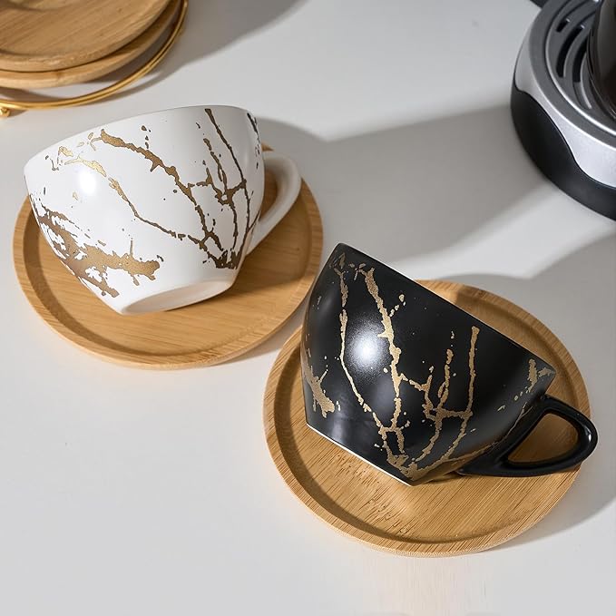 LUKA Ceramic Demitasse Espresso Cups Set with Saucers and Metal Stand, 8 oz Porcelain Stackable Cappuccino Cups Teacup For Tea, Espresso, Latte, Coffee, Cafe Mocha, Set of 4, White & Black