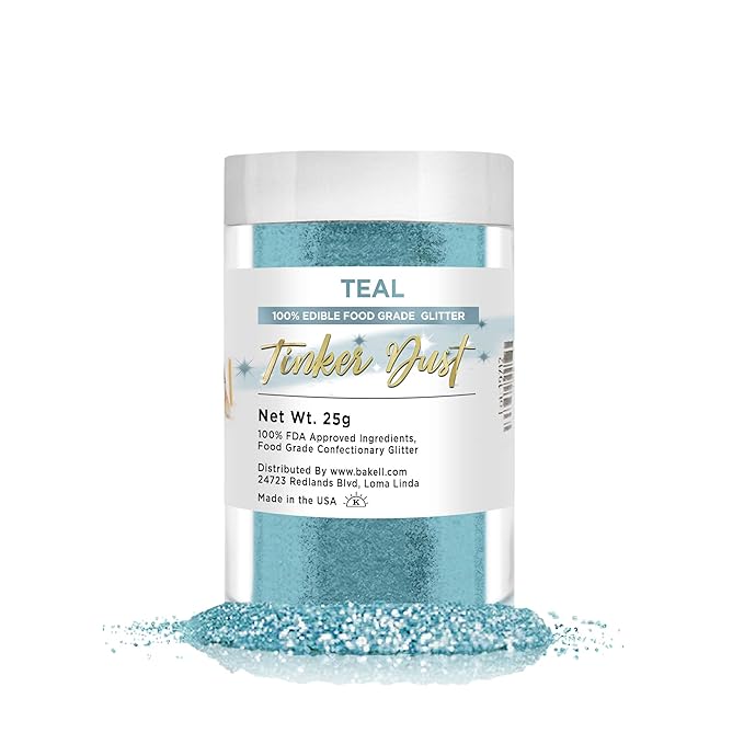 BAKELL Teal Edible Glitter, 25 Grams | TINKER DUST Edible Glitter | KOSHER Certified | 100% Edible Glitter | Cakes, Cupcakes, Cake Pops, Drinks, Dessert Vegan Glitter & Dusts (25g, Teal)