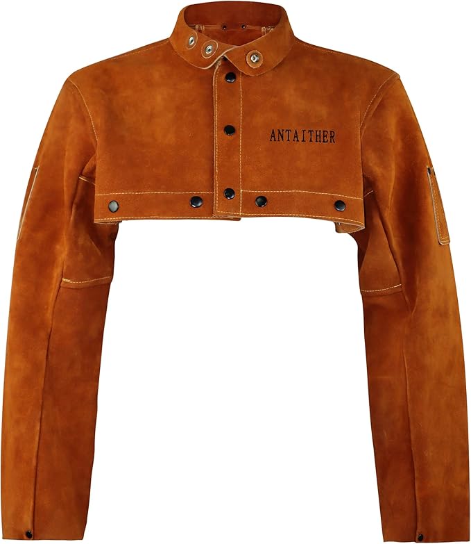 ANTAITHER Leather Welding Jacket with Open Back, Bib Apron with Cape Sleeve, Heat Flame Resistant Welder Coat