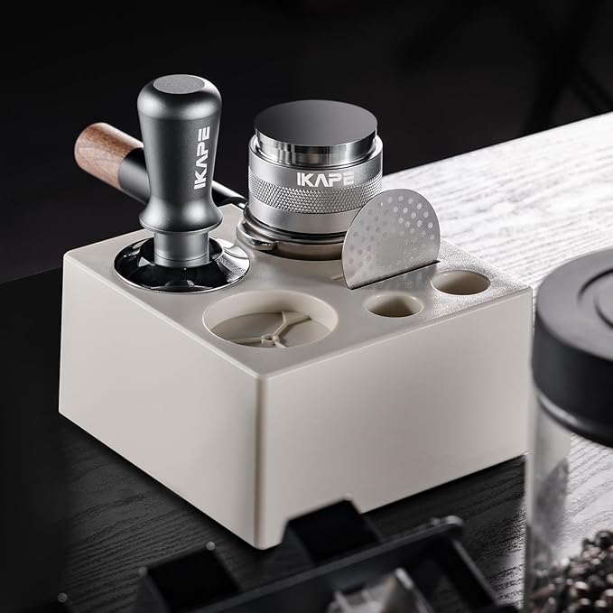 IKAPE 58MM Espresso Tamper Kit Silver 8 IN 1, Coffee Tamper Set comprising a Tamper, Distributor, Magnetic Dosing Funnel, Puck Screen, Station, WDT Tool, along with a Cleaning Towel and Brush