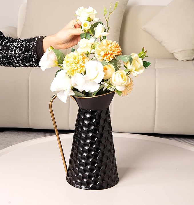 Elegant Black Metal Pitcher Vase, Farmhouse Galvanized Flower Vase, Rustic Decorative Milk Jug for Home Décor