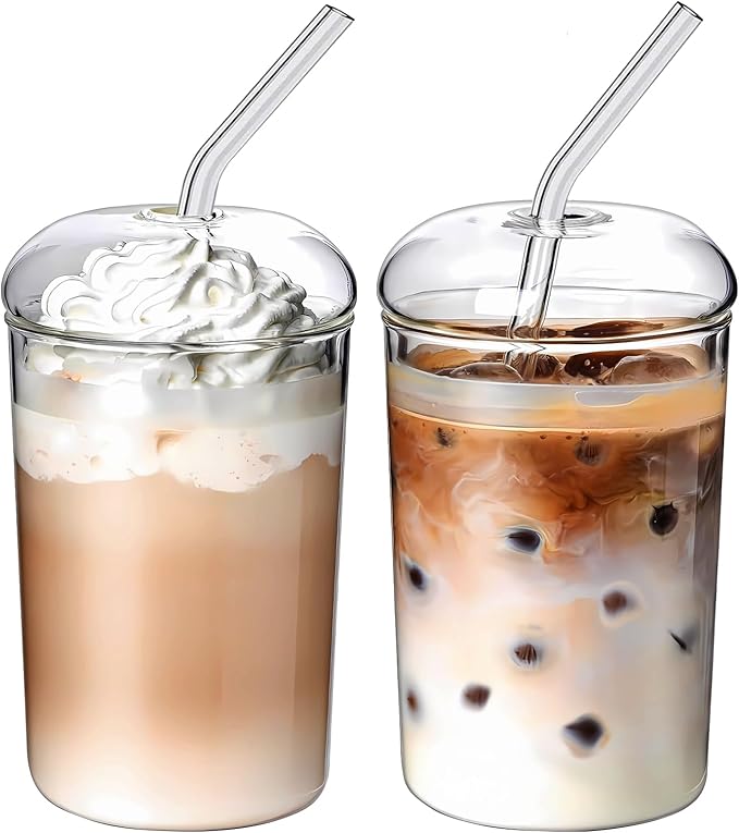 2 Pcs Drinking Glasses with Glass Lids and Glass Straw 16oz Glassware Set,Iced Coffee Glasses,Ideal for Water,Soda,Tea,Gift - with Cleaning Brushe