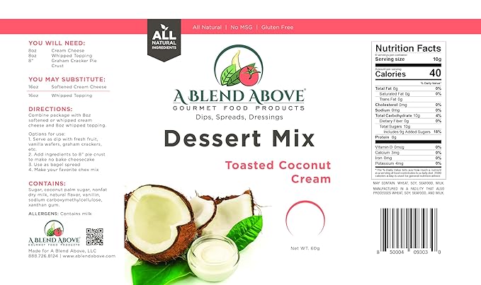 A Blend Above Toasted Coconut Cream Cheesecake Mix - No-Bake Desserts, All Natural, Vegan, Gluten Free, No MSG - Instant Dessert Mix, Fruit Dip, Bagel Topping, Frosting, Cheesecake Filling - Makes 16 Oz (Pack of 3)