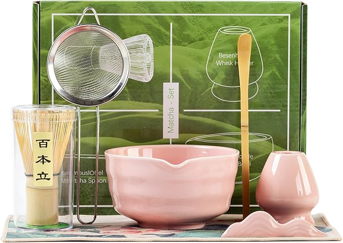 Matcha Set, Matcha Whisk Set Includes Matcha Bowl with Spout, Bamboo Whisk, Matcha Whisk Holder, Sifter, Scoop, Spoon Holder, Tea Towel- 7pcs Perfect Matcha Kit for Matcha Tea Ceremony (Pink)