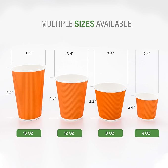 Restaurantware 8 Ounce Double Wall Disposable Coffee Cups, 500 Insulated Orange Paper Cups With Ripple Wall Design, Lids Sold Separately for Hot Beverages like Tea, Hot Chocolate, and More