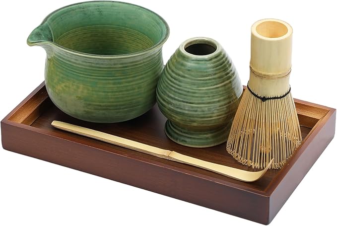 MADHOLLY Matcha Whisk Set with Tray - Matcha Bowl with Spout, Whisk and Holder, Bamboo Scoop, Japanese Matcha Kit Tea Ceremony Gift for Matcha Lovers