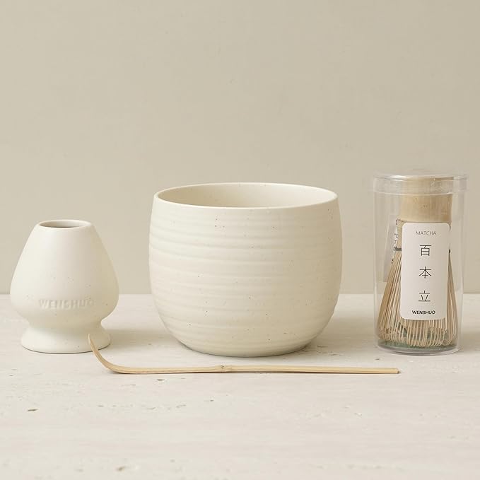 WENSHUO Matcha Whisk Set, Ceramic Matcha Bowl & Whisk Holder, Bamboo Accessory, Modern Design (Matte Crème, Traditional Bowl Design)