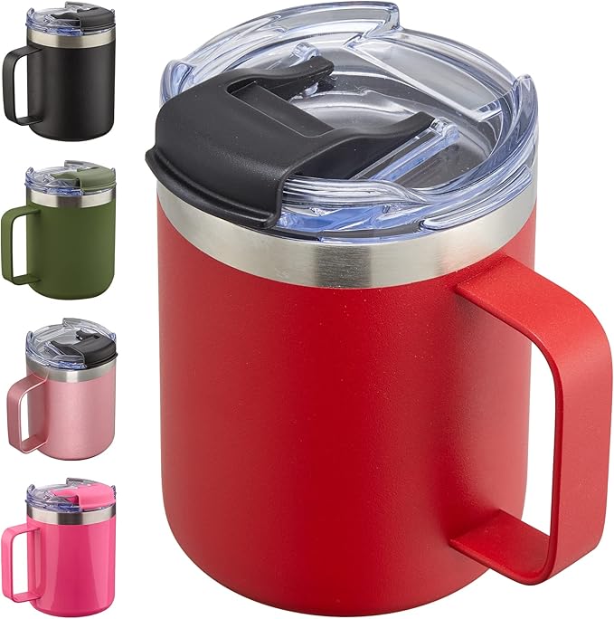 ALOUFEA 12oz Insulated Coffee Mug Cup with Handle, Stainless Steel Travel Coffee Mug with Flip Lid, Double Wall Vacuum Coffee Tumbler, Red