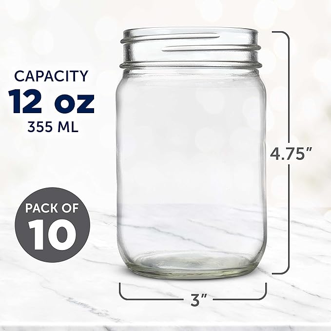 DISCOUNT PROMOS Decorating Mason Jars 12 oz. Set of 10, Bulk Pack - Glass Jars for Overnight Oats, Candies, Fruits, Pickles, Spices, Beverages - Clear