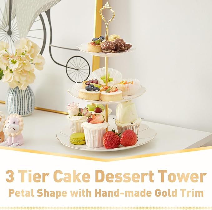 DUJUST 2pcs Porcelain 3-Tier Cupcake Stand Tower, British Style Serving Tray with Golden Trim, Food Grade Dessert Display Stand, Beautiful Gift for Tea Party & Home Décor