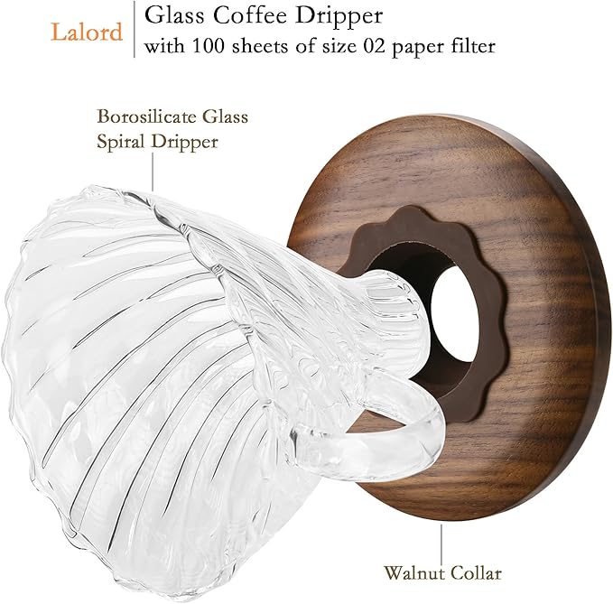 Pour Over Coffee Dripper with 100 pcs of Size 02 Paper Filter, Borosilicate Glass & Walnut Collar, Drip Coffee Maker, 1-3 Cups, Clear (Coffee Dripper)