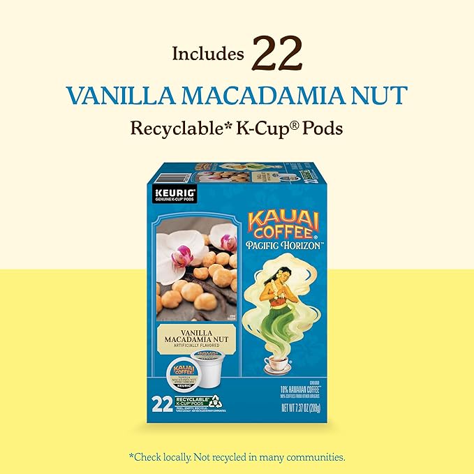 Kauai Coffee K-Cup Pods for Keurig Brewers – Arabica Coffee, 10% Hawaiian – Medium Roast, Vanilla Beans with Toasted Macabamia Nuts – Vanilla Macadamia Nut, 1 Pack of 22 Single Serve K-Cups