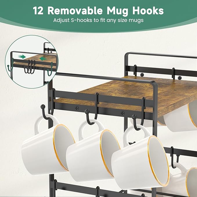 EsLuker.ly Coffee Bar Station Organizer Mug Cup Holder Stand for Countertop, Multi-Functional 2 Tier Mug Tree Rack for Kitchen, Storage Shelf with 12 Removable Hooks, Coffee Nook Enhancer