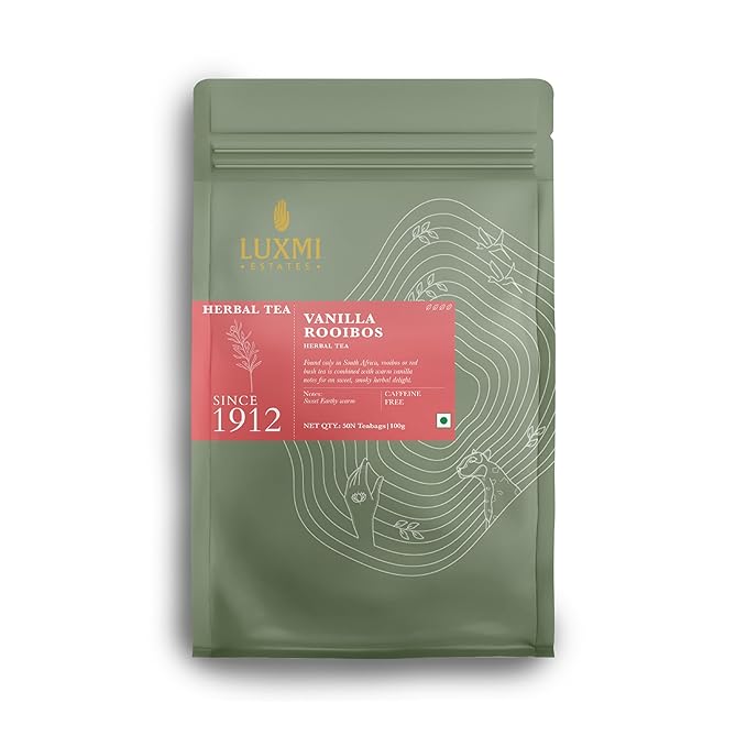 Luxmi Estates Rooibos Vanilla Organic Rooibos Tea (50 Tea Bags) Caffeine Free Tea Bags For Relaxing, Calming, and Stress Relief, With Certified Organic Herbal Tea