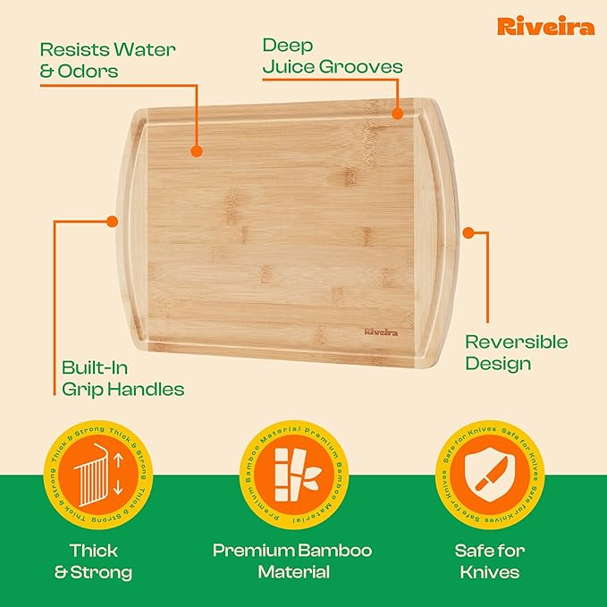 Riveira Two Tone Bamboo Wood Cutting Board – Gourmet Bamboo Grandeur: 18 x 12 Wooden Cutting Board – Wooden Cutting Boards For Kitchen Decorative – Innovative Juice Grooves Wooden Chopping Board